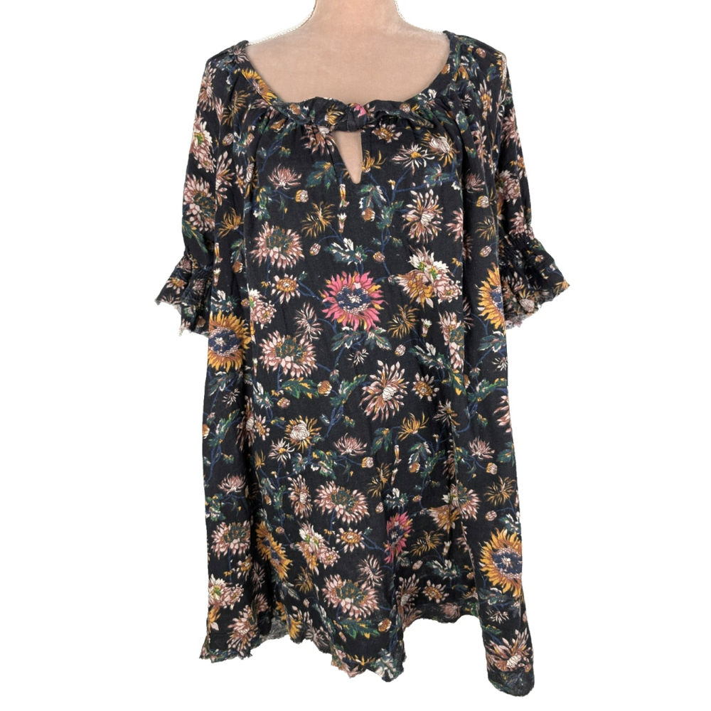 Natural Life Sienna Mini Dress Black Floral Size L XL Cottagecore Boho Peasant